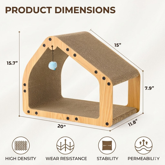 Yeyorentacosh 20-Inch Cardboard Cat Scratcher House - Large Cat Scratching Pad with Toy Ball, Cat Lounge Bed & Tunnel for Indoor Cats and Kittens, Safe & Durable