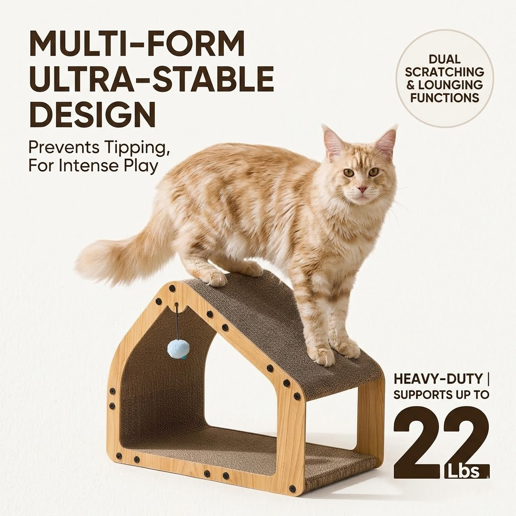 Yeyorentacosh 20-Inch Cardboard Cat Scratcher House - Large Cat Scratching Pad with Toy Ball, Cat Lounge Bed & Tunnel for Indoor Cats and Kittens, Safe & Durable