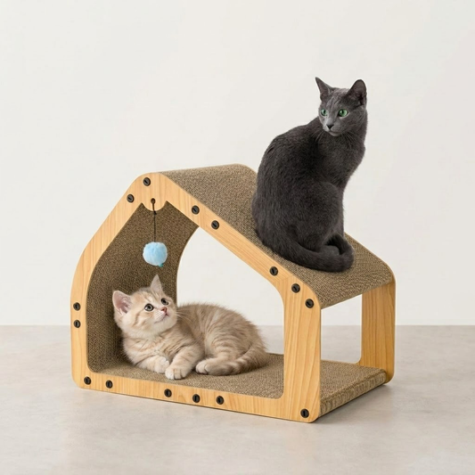 Yeyorentacosh 20-Inch Cardboard Cat Scratcher House - Large Cat Scratching Pad with Toy Ball, Cat Lounge Bed & Tunnel for Indoor Cats and Kittens, Safe & Durable