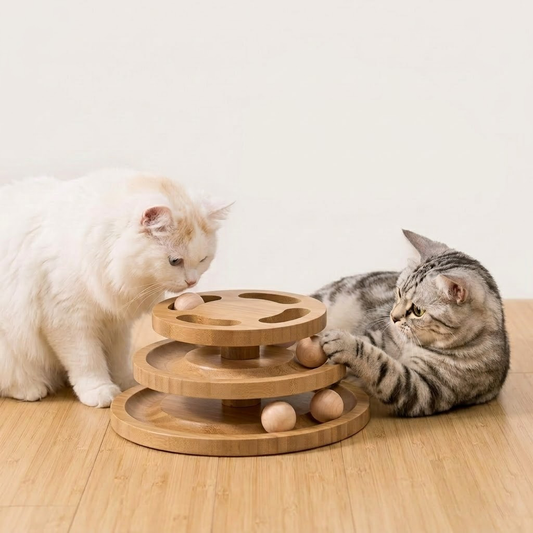 Yeyorentacosh Large Wooden Cat Track Toy with Puzzle Top | Interactive Cat Ball Tower with Spinning Balls | Multi-Level Cat Roller Toy for Indoor Cats & Kittens