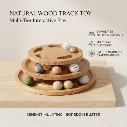 Yeyorentacosh Large Wooden Cat Track Toy with Puzzle Top | Interactive Cat Ball Tower with Spinning Balls | Multi-Level Cat Roller Toy for Indoor Cats & Kittens
