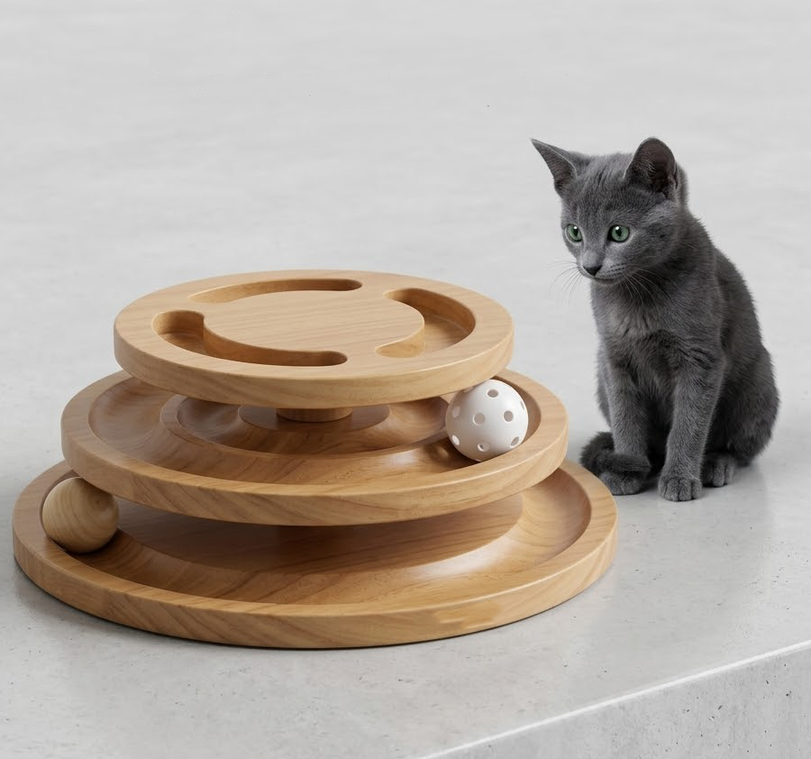Yeyorentacosh Large Wooden Cat Track Toy with Puzzle Top | Interactive Cat Ball Tower with Spinning Balls | Multi-Level Cat Roller Toy for Indoor Cats & Kittens
